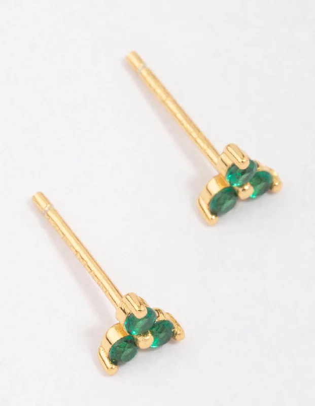 Topaz stud earrings-Gold Plated Sterling Silver Emerald Cubic Zirconia Trio Stud Earrings