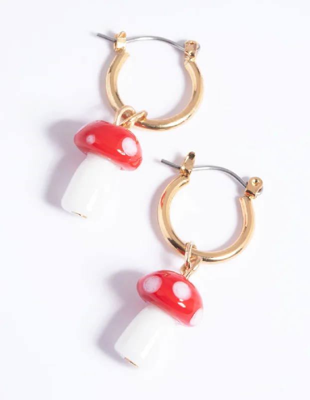 Aged bronze earrings-90s Red Mushroom Huggie Hoop Earrings