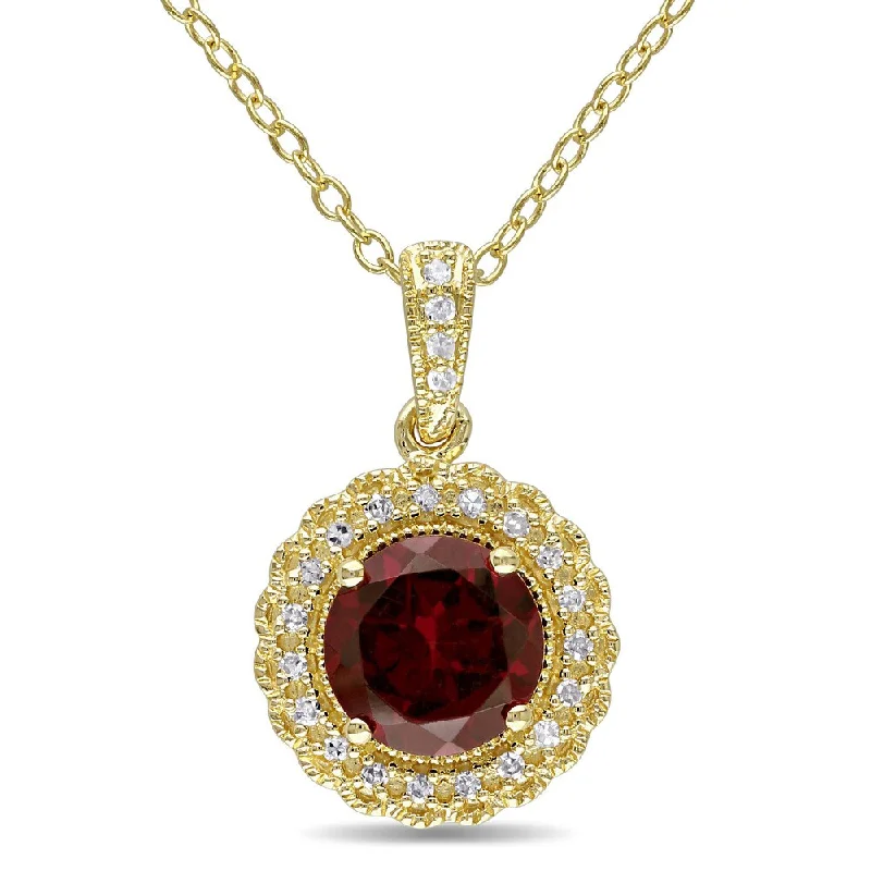 Haze glass necklaces-Miadora Yellow Plated Sterling Silver Garnet and 1/10ct TDW Diamond Halo Necklace (G-H, I2-I3)