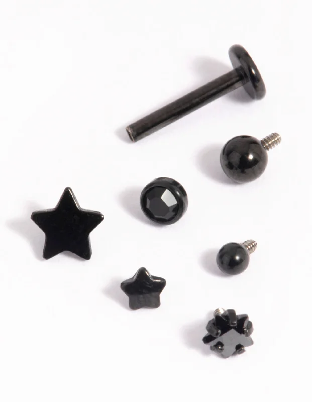 Shiny pearl earrings-Matte Black Surgical Steel Diamante Star Flat Back 6-Pack