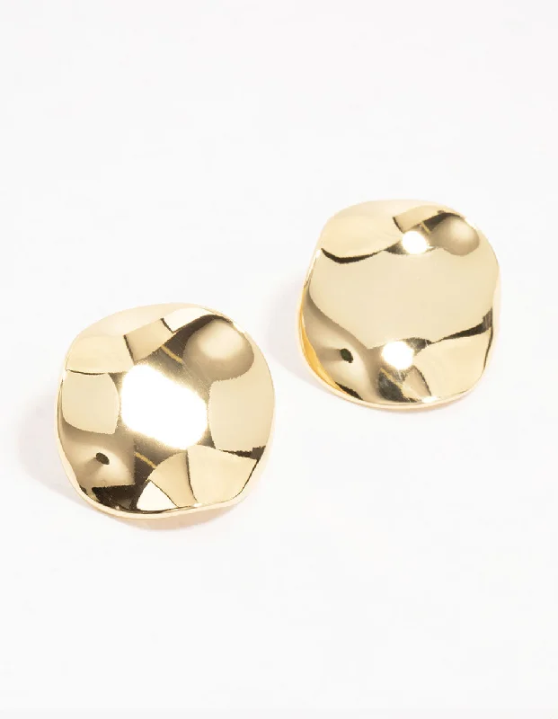 Layered tier earrings-Gold Plated Round Wave Stud Earrings