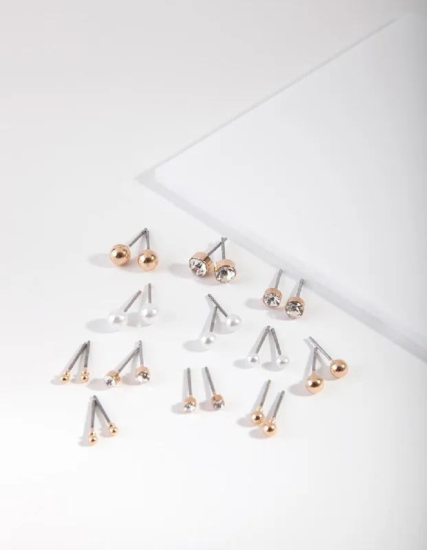 Thin pearl earrings-Gold Multi Size Diamante Stud 12-Pack