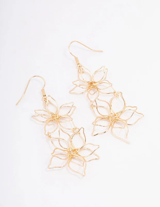 Petal hoop earrings-Gold Double Wire Flower Drop Earrings