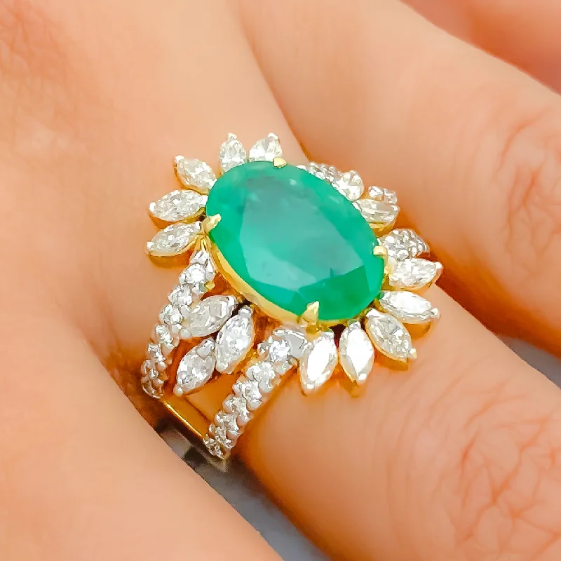 Topaz gem engagement rings-Extravagant Emerald & Diamond + 18k Gold Floral Ring