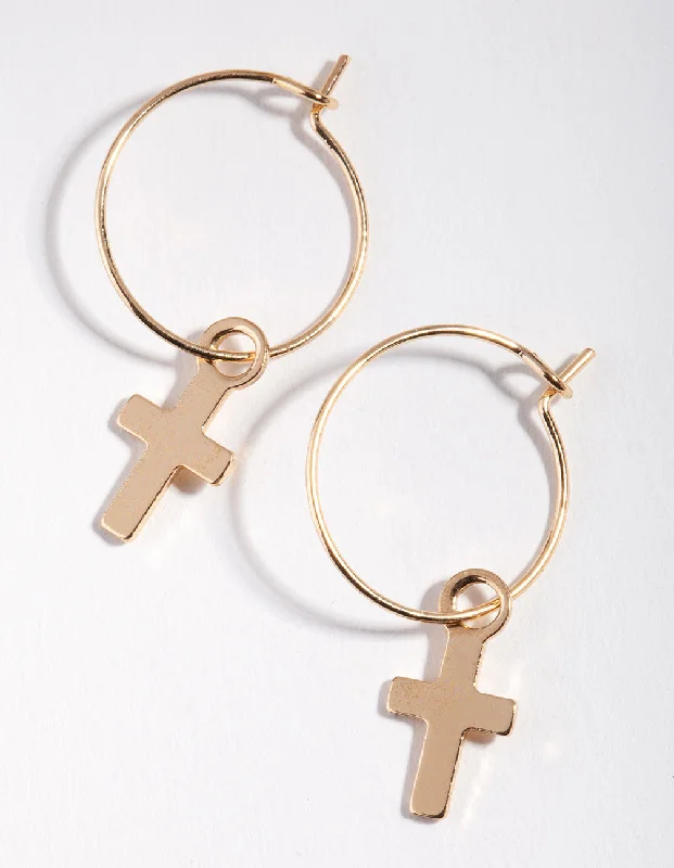 Subtle dangle earrings-Gold Simple Cross Hoop Earrings