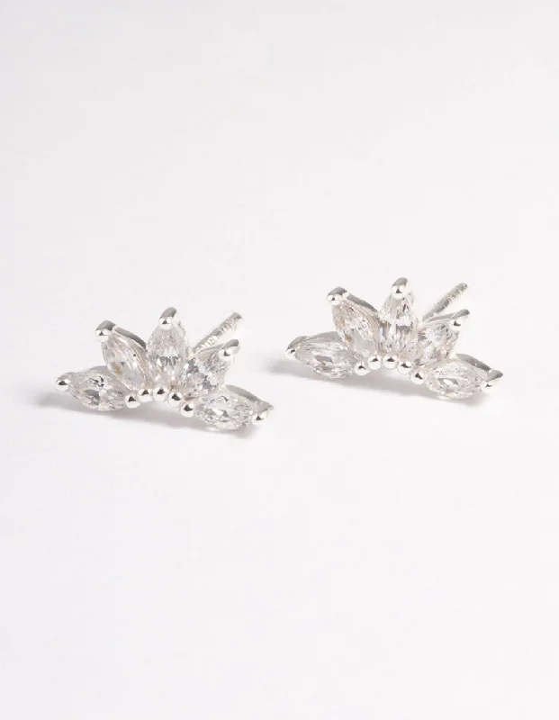 Victorian style earrings-Sterling Silver Cubic Zirconia Fan Stud Earrings