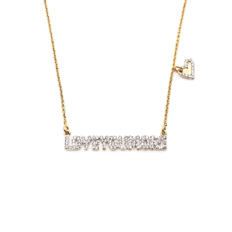 Aged medallion necklaces-Love You More Bar Necklace in White Diamond & 14K Gold