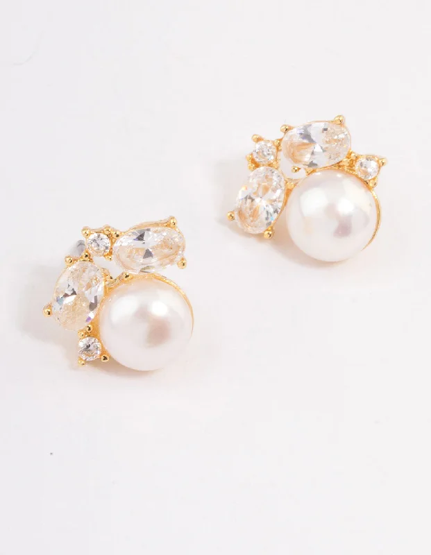 Silk cord earrings-Gold Plated Cubic Zirconia Freshwater Pearl Stud Earrings