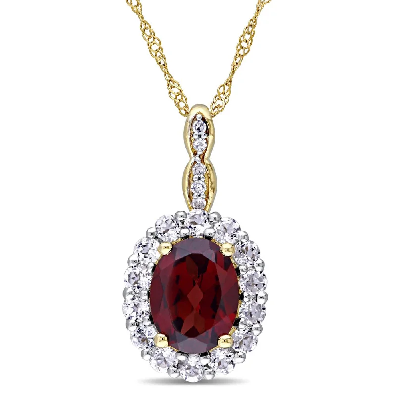 Victorian style necklaces-Miadora 14k Yellow Gold Oval Garnet, White Topaz and Diamond Accent Vintage Halo Necklace - Red