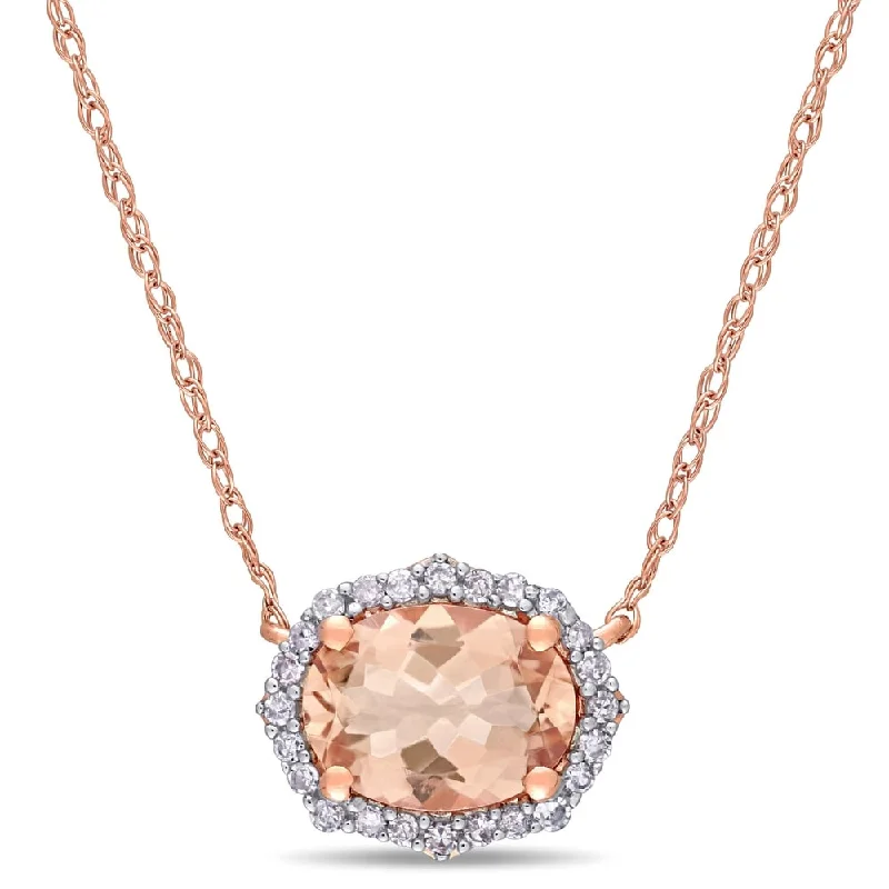 Multi-layer necklaces-Miadora 10k Rose Gold Oval-Cut Morganite and 1/10ct TDW Diamond Halo Necklace