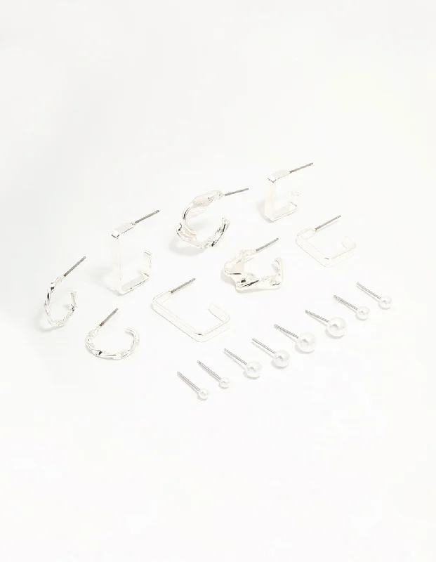 Light clay earrings-Silver Pearl & Mixed Shape Hoop Earrings 8-Pack