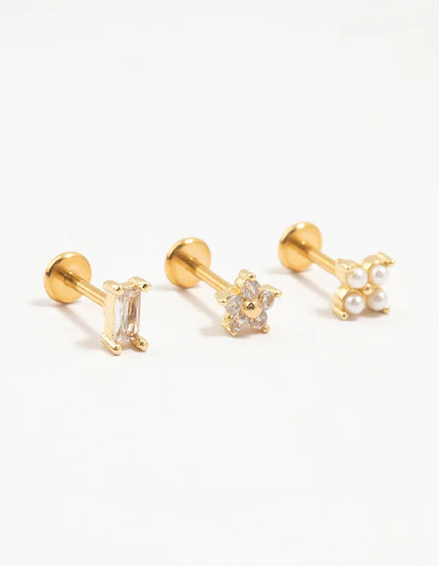 Flat badge earrings-Gold Plated Surgical Steel Flower & Baguette Flat Backs 3-Pack