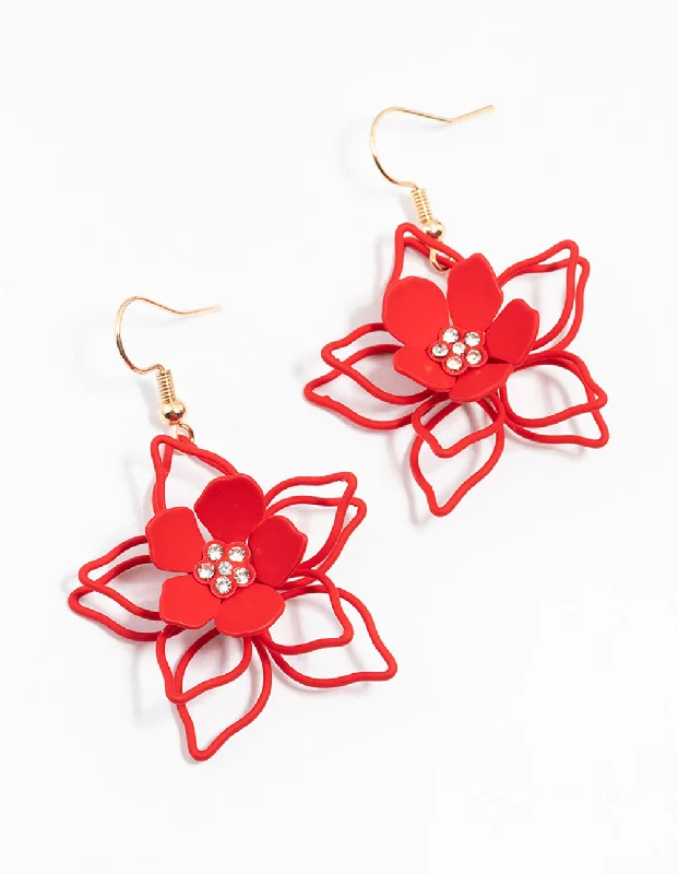 Pure crystal earrings-Red Gold Wire Pearl Flower Drop Earrings