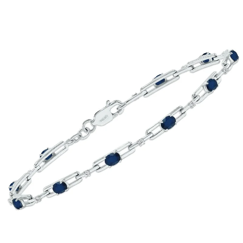 Gem strand bangles-Marquee Sapphire and Natural Diamond Double Bar Link Bracelet in .925 Sterling Silver