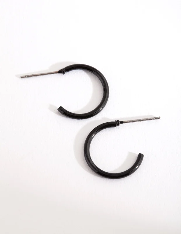 Bamboo style earrings-Black Coated Metal Hoop Earrings