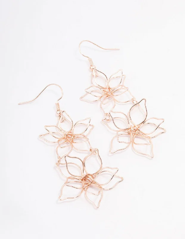 Thick hoop earrings-Rose Gold Double Wire Flower Drop Earrings