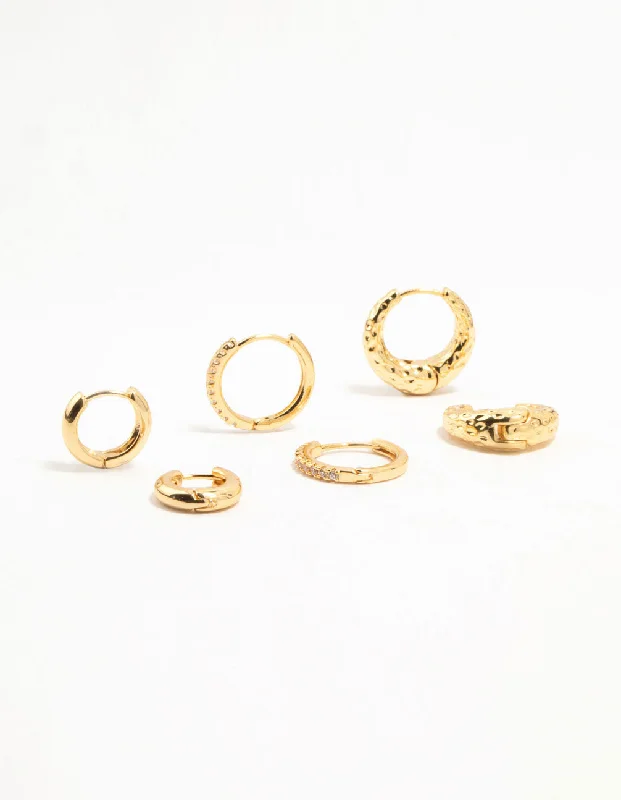 Bright stud earrings-Gold Plated Brass Organic & Cubic Zirconia Clicker Earrings 3-Pack