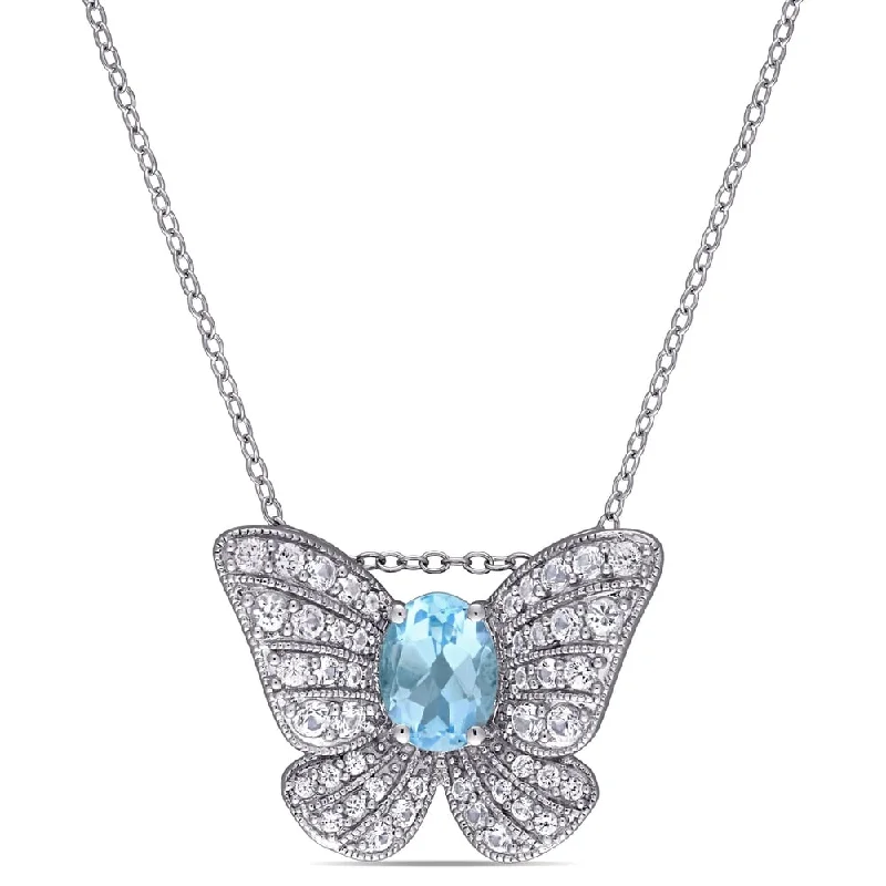 Spiral knot necklaces-Miadora Sterling Silver Sky-Blue Topaz Created White Sapphire Butterfly Necklace