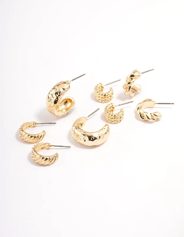 Pure stud earrings-Gold Plated Molten Multi Hoop Earrings 4-Pack