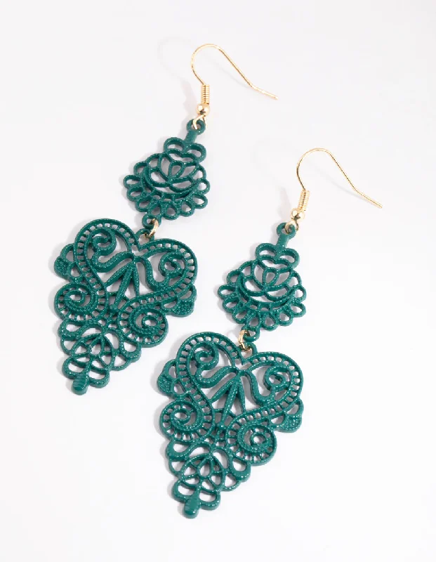 Tiny heart earrings-Matte Green Filigree Drop Earrings