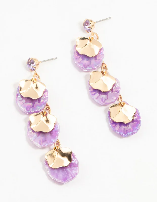 Lily design earrings-Purple Acrylic Pearlised Petal Drop Gold Earrings