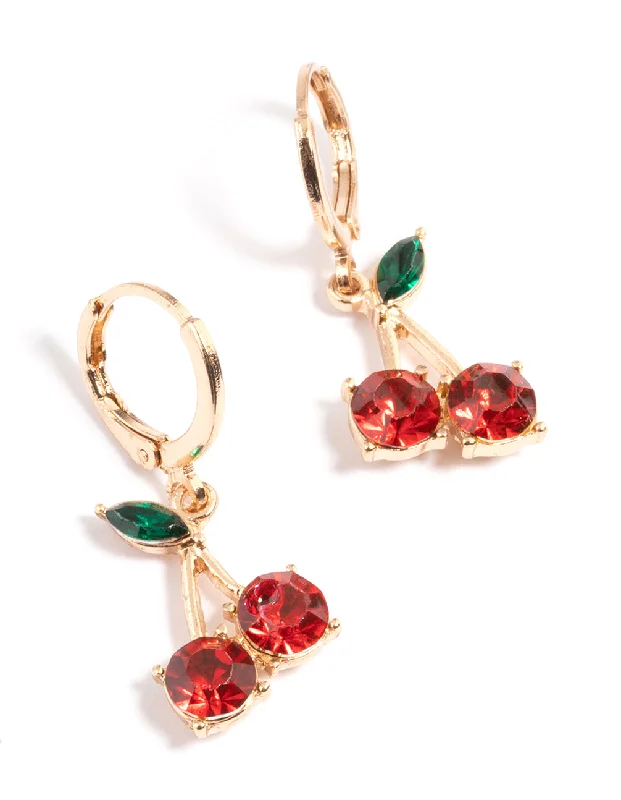 Flat badge earrings-Gold Diamante Cherry Medium Huggie Earrings