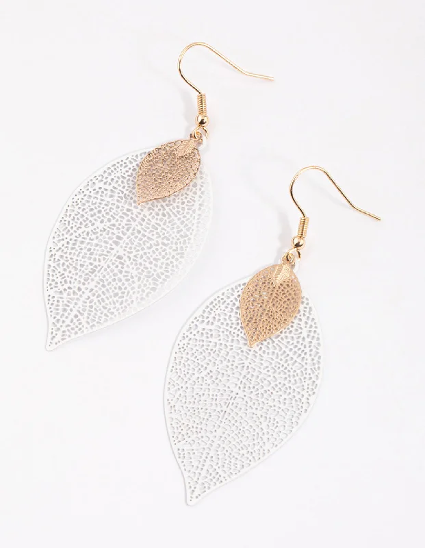 Light clay earrings-Gold Double Leaf Drop Earrings