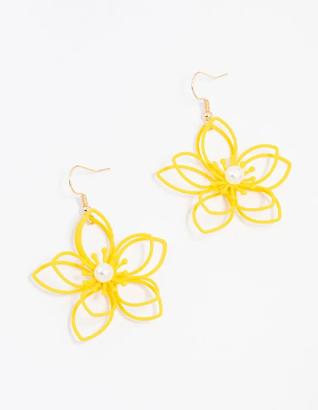 Sleek gem earrings-Yellow Gold Wire Pearl Flower Drop Earrings