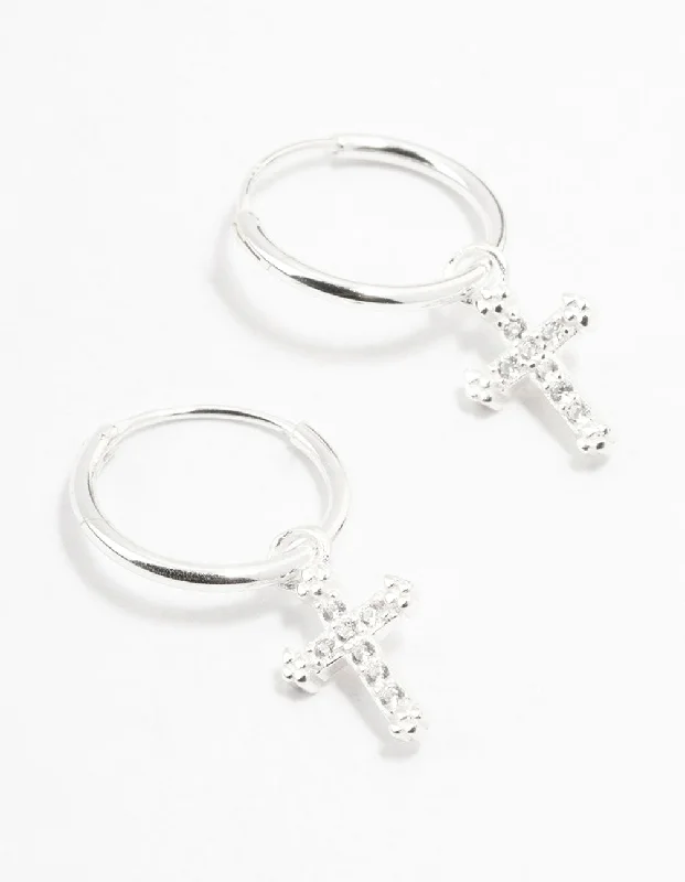 Alloy metal earrings-Sterling Silver Cubic Zirconia Cross Hoop Earrings