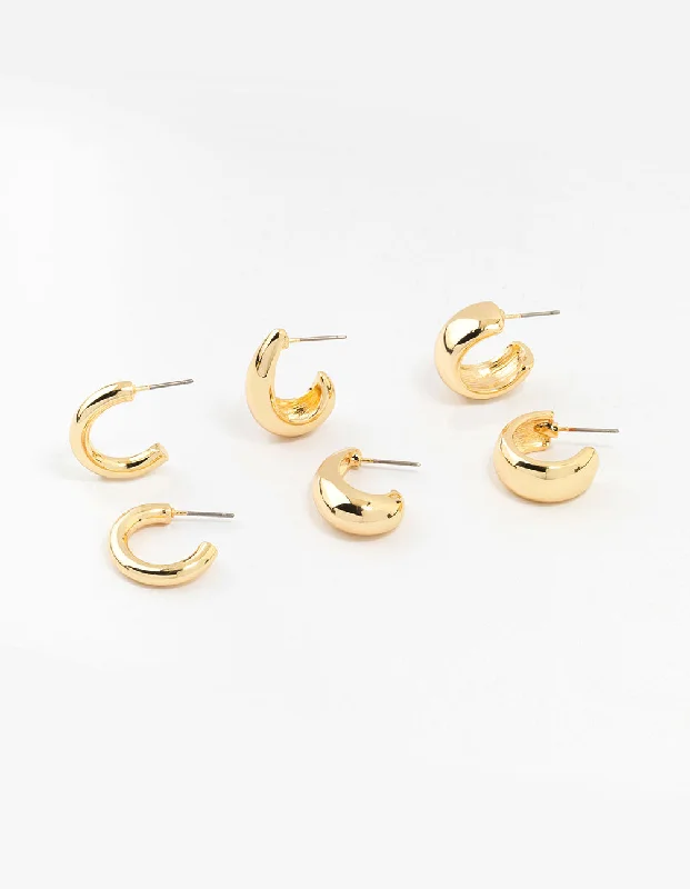 Oval dangle earrings-Gold Plated Chunky Hoop Earrings 3-Pack