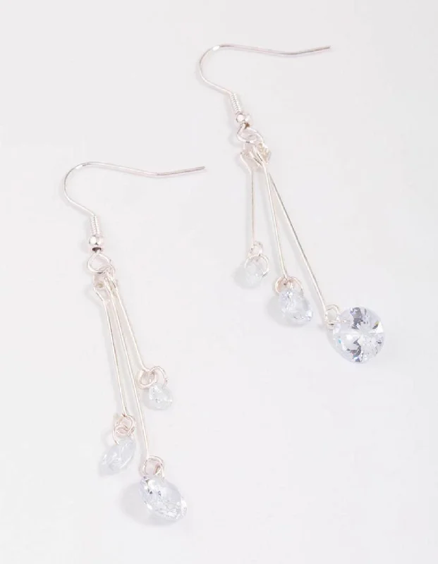 Spinel earrings-Silver Triple Chain Diamante Drop Earrings