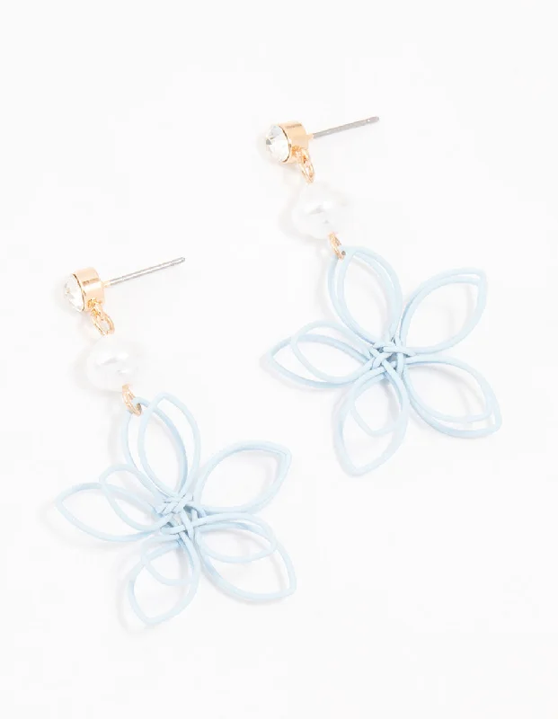 Fluid art earrings-Blue Coated Wire Flower Pearl Drop Earrings