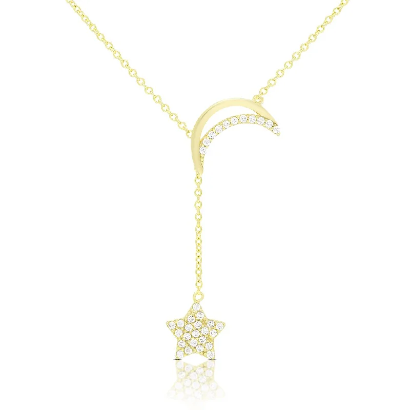 Sleek drop necklaces-Dolce Giavonna Gold Over Silver Or Sterling Silver Cubic Zirconia Moon and Hanging Star Necklace